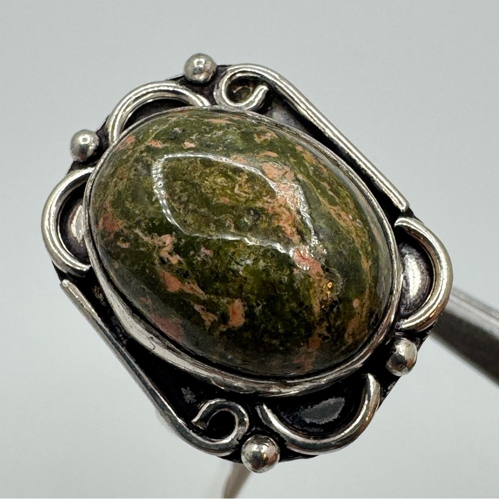 New Asymmetrical Unakite Jasper Silver Tone Statement Ring Size 7